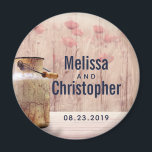 Rustic Milk Can Country Wedding Date Magnet<br><div class="desc">Wedding commemorative / save the date magnet with your personalized names and wedding date. Designed with a rustic country theme. An old rusting milk can with wheat and faded red flowers in the background set against a faint wood panel.</div>