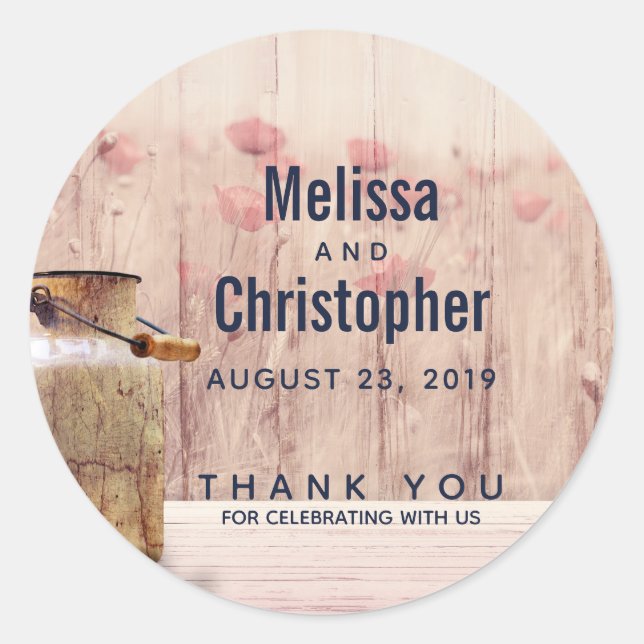 Rustic Milk Can Country Wedding Thank You Classic Round Sticker (Front)