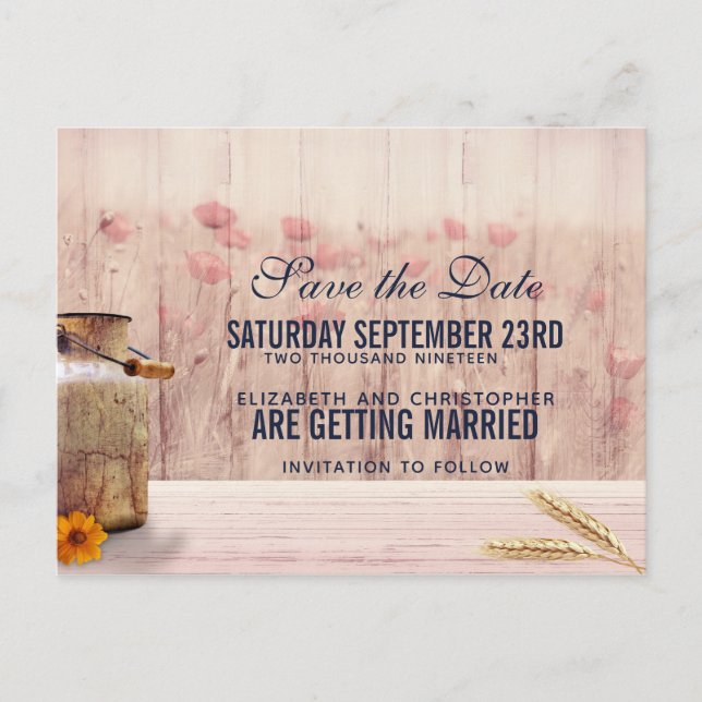 Rustic Milk Can with Flowers Save the Date Postcard (Front)