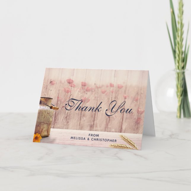 Rustic Milk Can with Wheat and Flowers Thank You Card (Front)