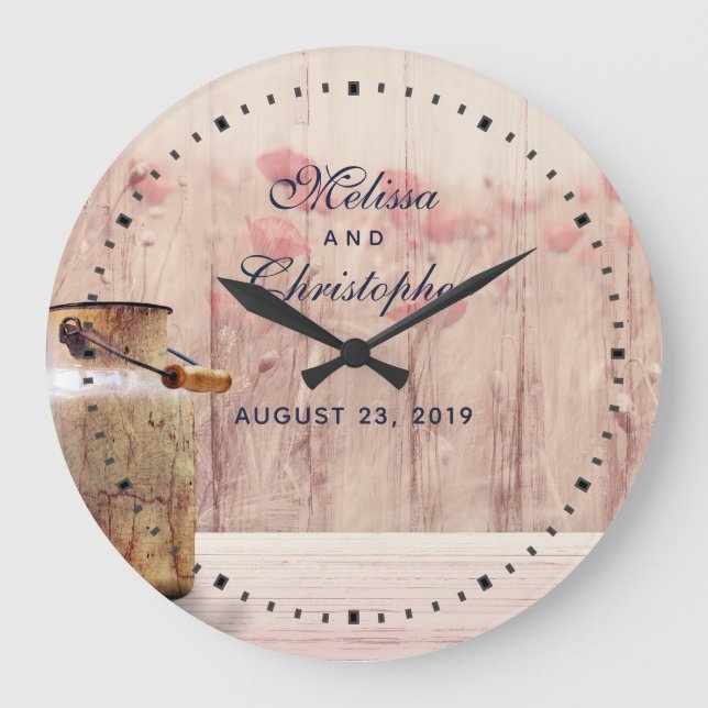 Rustic Milk Can with Wheat and Flowers Wedding Large Clock (Front)