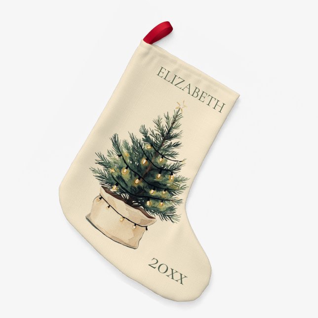 Rustic Minimal Christmas Tree Holiday Small Christmas Stocking (Front (Hanging))