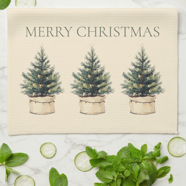 Rustic Minimal Christmas Tree Holiday Tea Towel (Folded)