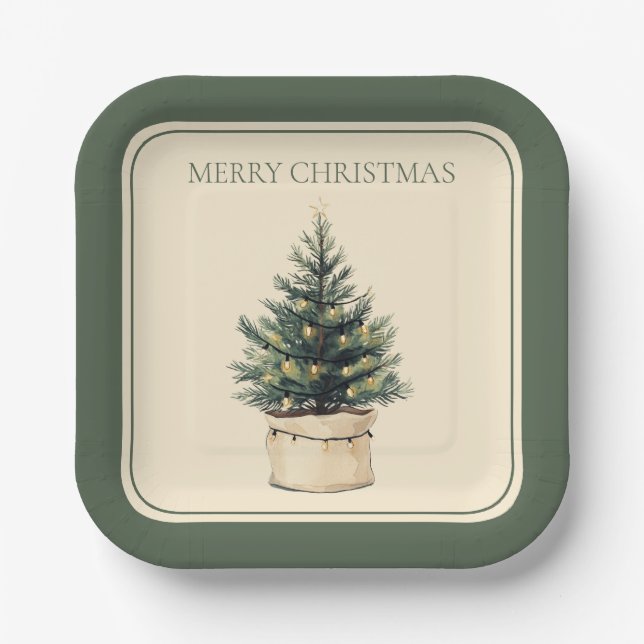 Rustic Minimal Christmas Tree Paper Plate (Front)
