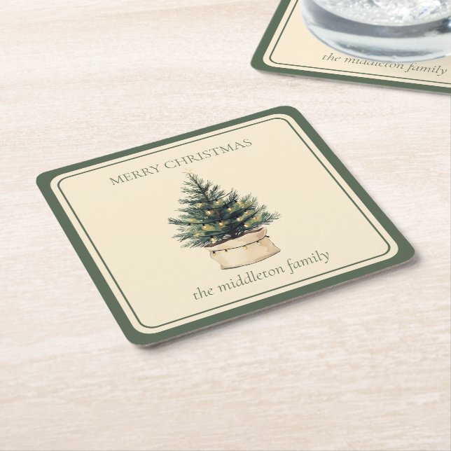 Rustic Minimal Christmas Tree Square Paper Coaster (Angled)