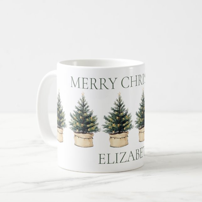 Rustic Minimal Christmas Trees Holiday Coffee Mug (Front Left)