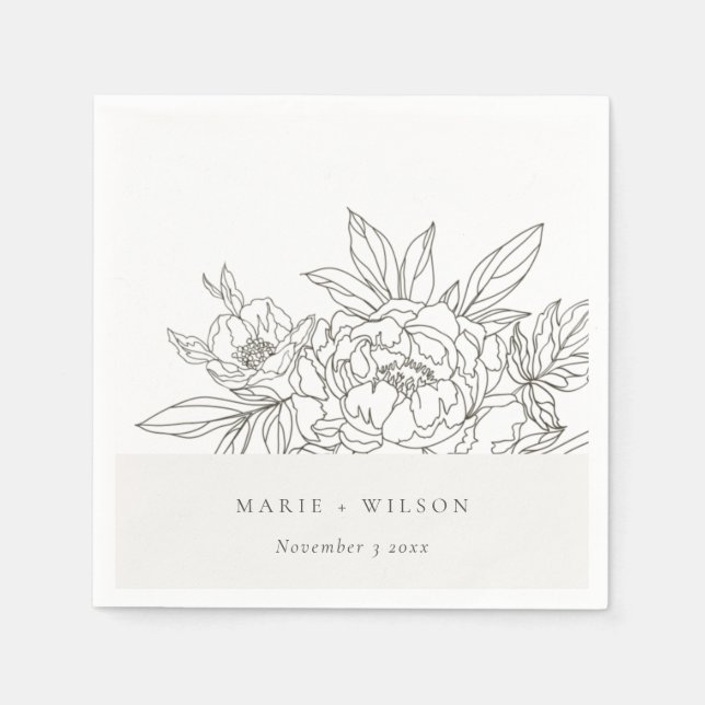 Rustic Minimal Elegant Brown Floral Sketch Wedding Napkin (Front)