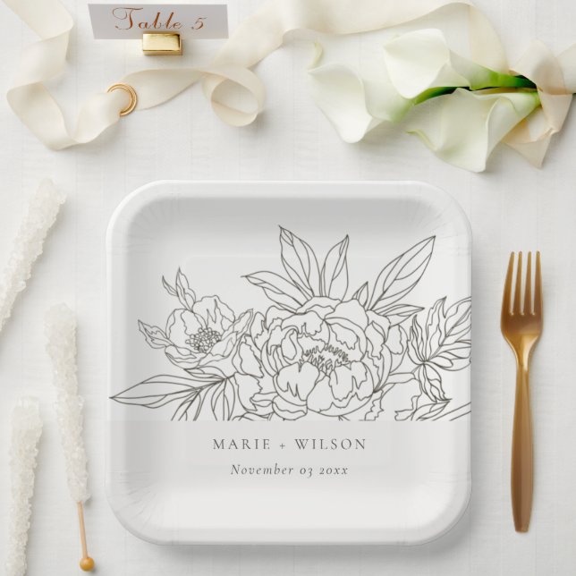 Rustic Minimal Elegant Brown Floral Sketch Wedding Paper Plate (Wedding)