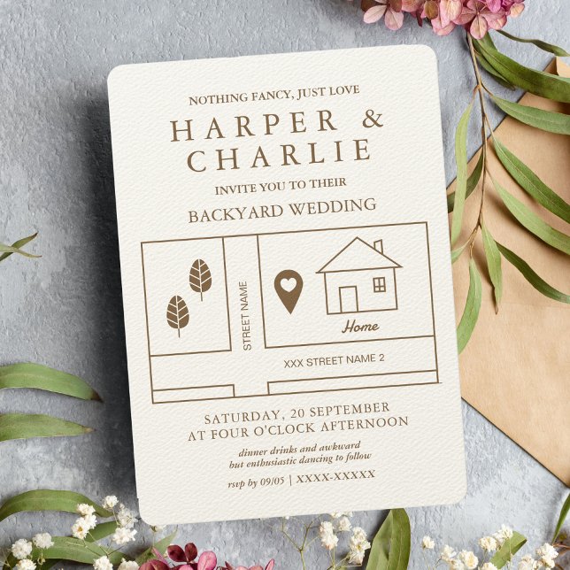 Rustic Minimal Map Backyard Wedding   Invitation (Creator Uploaded)