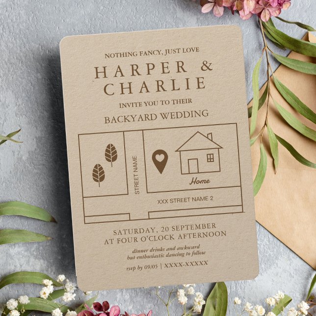 Rustic Minimal Map Backyard Wedding   Invitation (Creator Uploaded)