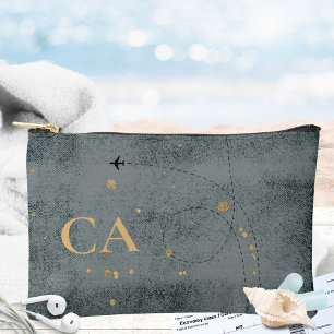 Rustic Minimal Monogram Aeroplane Black Gold Trave Accessory Pouch