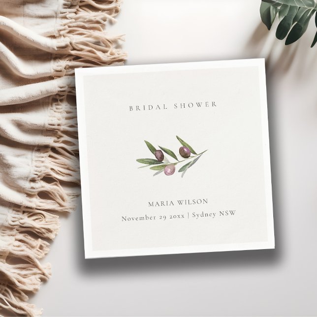 Rustic Minimal Olive Branch Foliage Bridal Shower Napkin (Creator Uploaded)