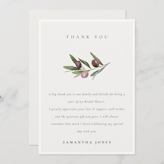 Rustic Minimal Olive Branch Foliage Bridal Shower Thank You Card (Front/Back)