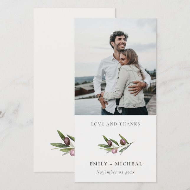 Rustic Minimal Olive Branch Foliage Wedding Photo Thank You Card (Front/Back)