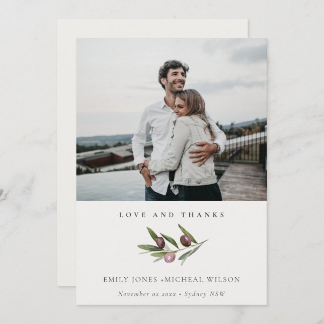Rustic Minimal Olive Branch Foliage Wedding Photo Thank You Card (Front/Back)