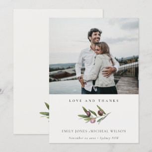 Rustic Minimal Olive Branch Foliage Wedding Photo Thank You Card