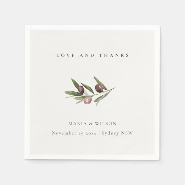 Rustic Minimal Olive Branch Foliage Wedding Thanks Napkin (Front)