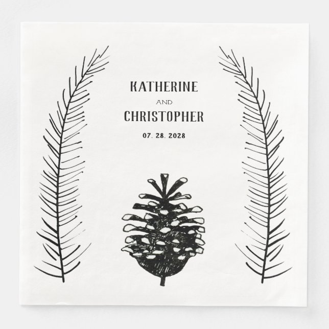 Rustic Minimalist Drawn Pine Cone Spruce Branches Napkin (Front)