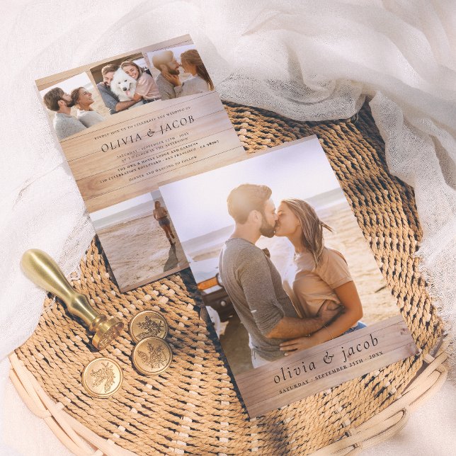 Rustic Minimalist Elegant Wood & 5 Photos Wedding Invitation (Creator Uploaded)
