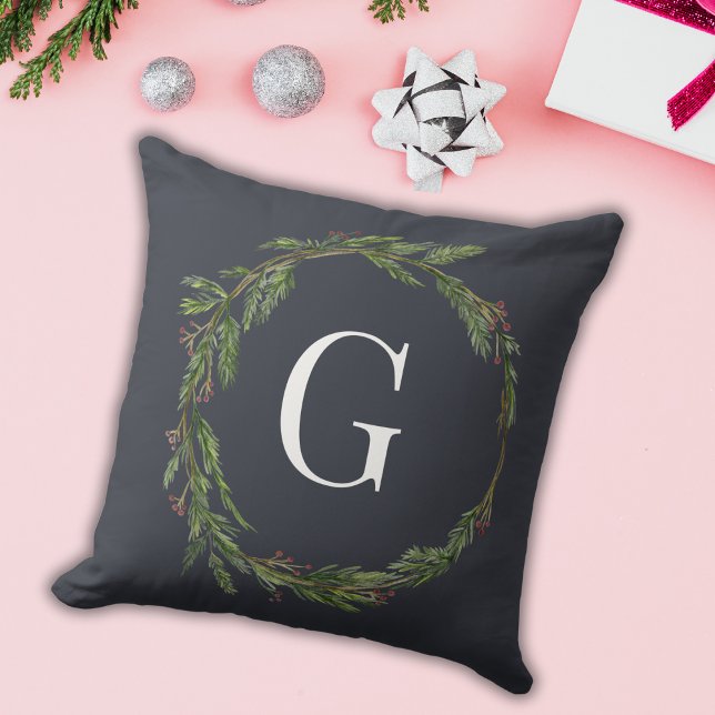 Rustic Minimalist Monogram Watercolor Wreath Navy Cushion (Creator Uploaded)