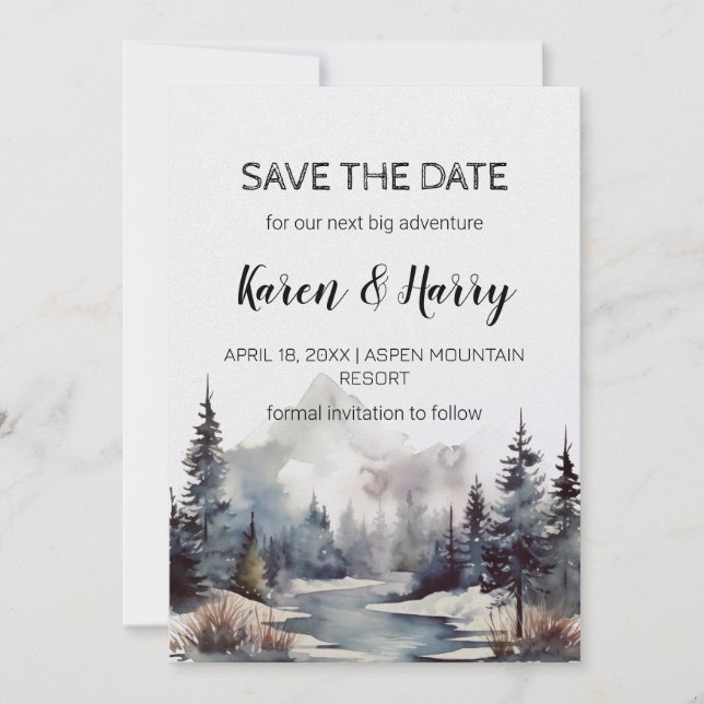 Rustic Minimalist Mountain Lake SnowSave the Date  Invitation (Front)