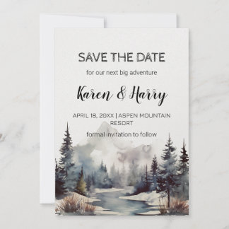 Rustic Minimalist Mountain Lake SnowSave the Date  Invitation