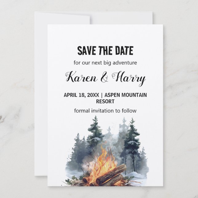 Rustic Minimalist Pine Tree Bonfire Save the Date  Invitation (Front)