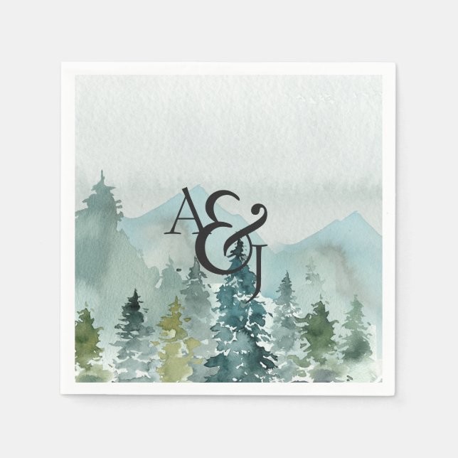 Rustic Minimalist Watercolor Pines Personalised Napkin (Front)