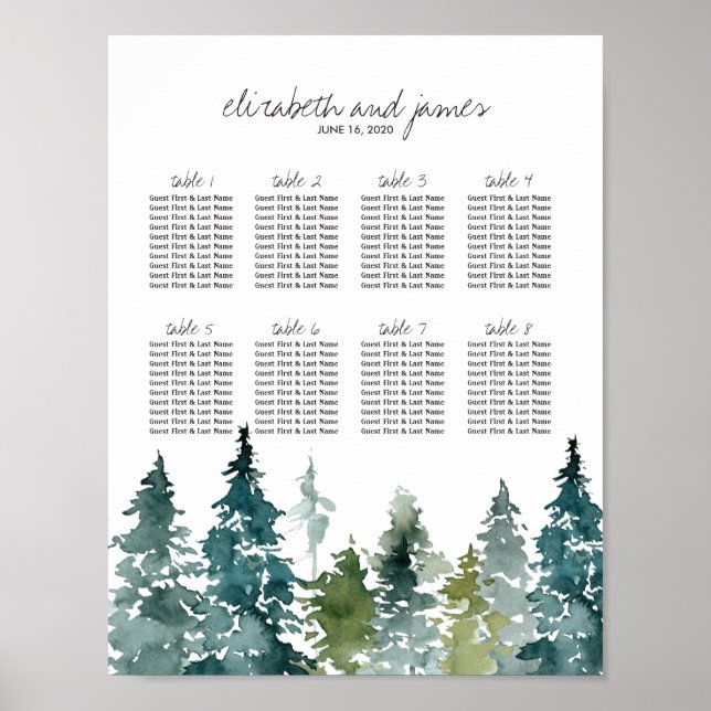 Rustic Minimalist Watercolor Wedding Table Seating Poster (Front)