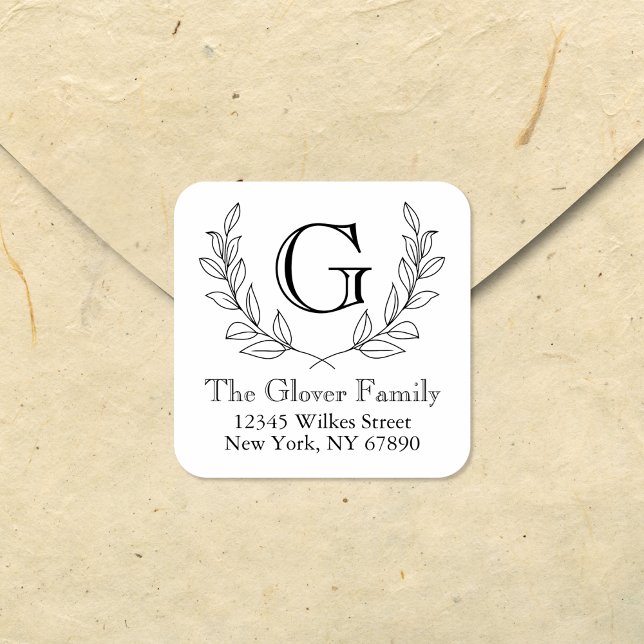 Rustic Minimalist Wreath Family Monogram Address Square Sticker (Creator Uploaded)