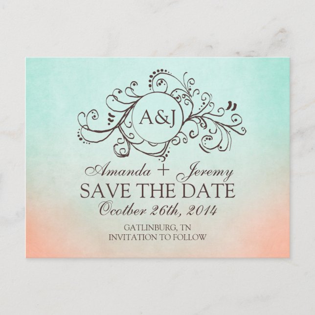 Rustic Mint and Peach Bohemian Save The Date Announcement Postcard (Front)