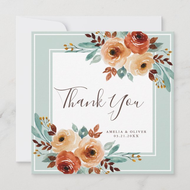 Rustic Mint Green Floral Wedding Thank You Card (Front)
