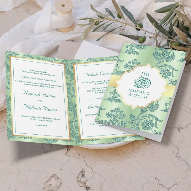 Rustic Mint Green Glitter Filigree Muslim Wedding Invitation (Creator Uploaded)