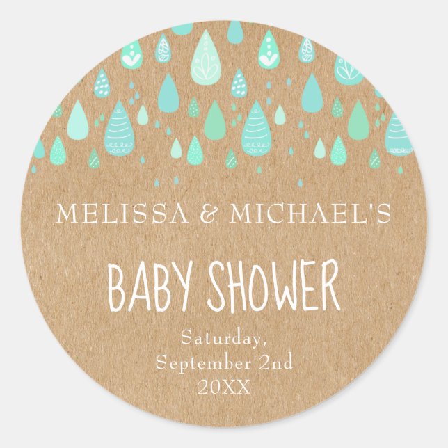 Rustic mint green raindrops couples baby shower classic round sticker (Front)