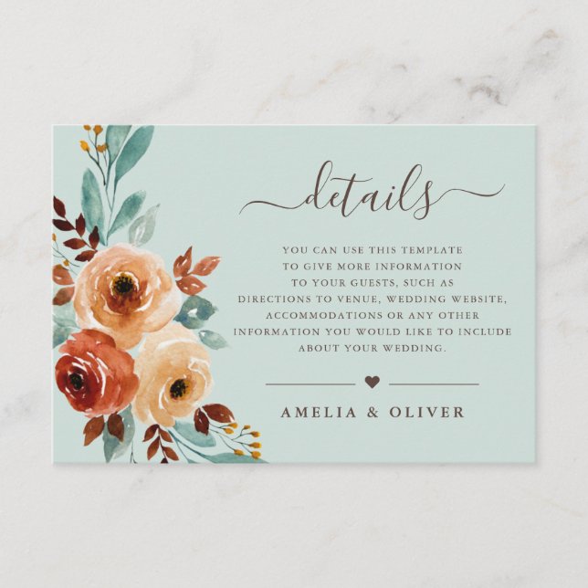 Rustic Mint Green Watercolor  Wedding Details Enclosure Card (Front)