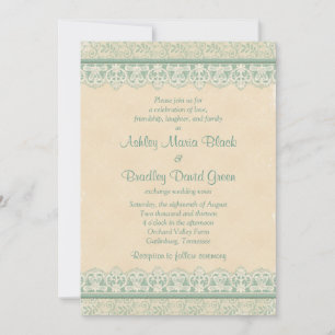 Rustic Mint Sage Ivory Lace Parchment Look Wedding Invitation