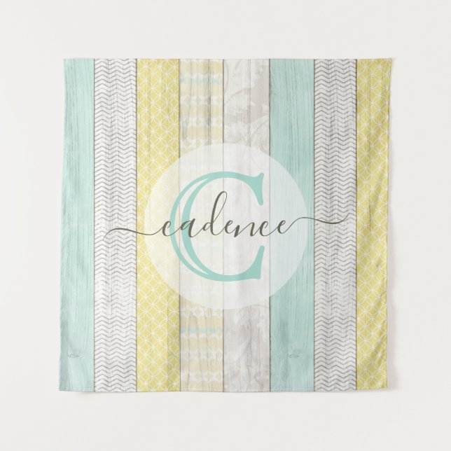 Rustic Mint & Yellow Boho Geo Modern Personalised Tapestry (Front)
