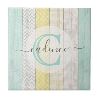 Rustic Mint & Yellow Boho Geo Modern Personalised Tile