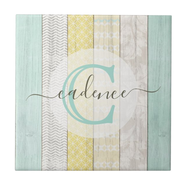 Rustic Mint & Yellow Boho Geo Modern Personalised Tile (Front)