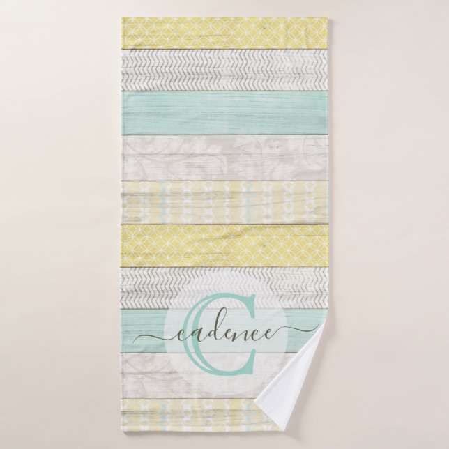 Rustic Mint & Yellow Boho Geo Modern Personalized Bath Towel (Bath Towel)