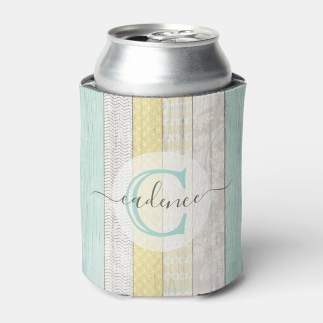 Rustic Mint & Yellow Boho Geo Modern Personalized Can Cooler (Can Front)