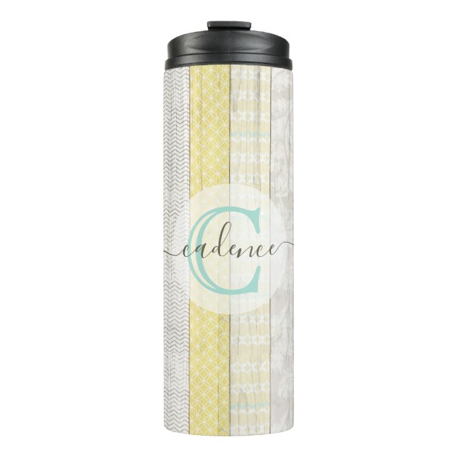 Rustic Mint & Yellow Boho Geo Modern Personalized Thermal Tumbler (Front)
