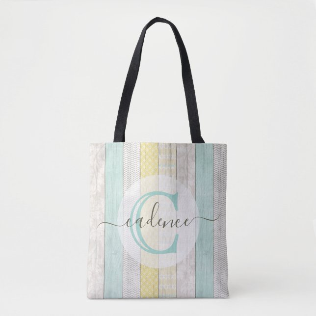 Rustic Mint & Yellow Boho Geo Modern Personalized Tote Bag (Front)