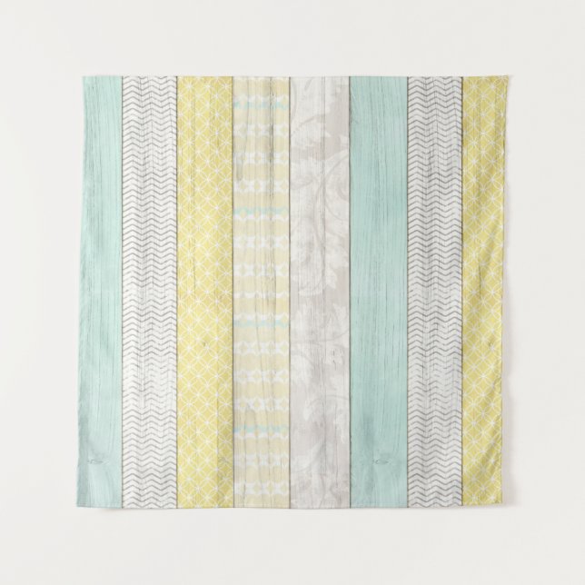 Rustic Mint & Yellow Boho Geometric Modern Cottage Tapestry (Front)