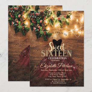 Rustic Mistletoe Lights,Burgundy Dress Sweet 16 Invitation