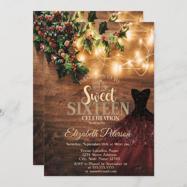Rustic Mistletoe,String Lights,Dress,Wood Sweet 16 Invitation (Front/Back)