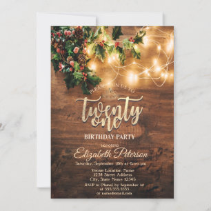 Rustic Mistletoe,String Lights,Wood 21st Birthday  Invitation