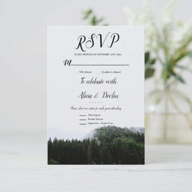 Rustic Misty Foggy Pine Trees Rain Forest Rsvp Card (Standing Front)