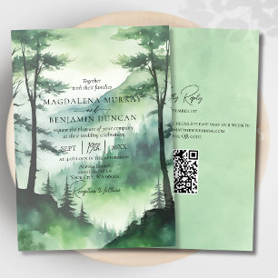 Rustic Misty Mountains Pine Trees QR Code Wedding Invitation