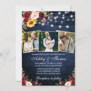 Rustic Mixed Floral 3 Photo Lights Wood Wedding Invitation